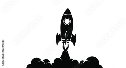 Black silhouette rocket ship launching into the air with smoke and flames on a white background symbolizing innovation and progress
