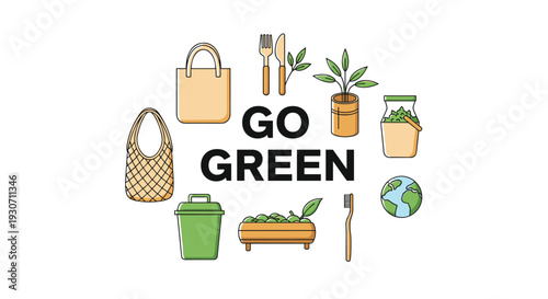 Eco friendly concept titled Go Green with various sustainable items like reusable bags, plants, and recycling bin.