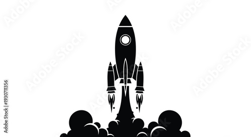 Rocket ship launching into space with smoke and flames symbolizing innovation and progress in technology and exploration