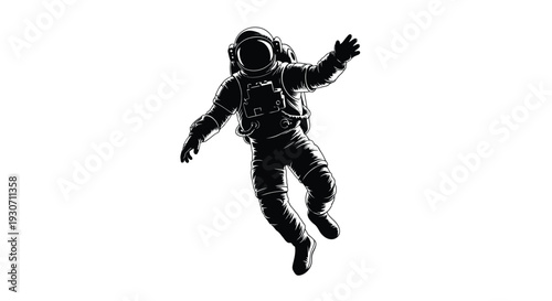 Astronaut floating in space with arms outstretched black and white illustration on plain background conveying sense of freedom and exploration in zero gravity environment
