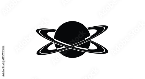 Black silhouette of a planet with rings on a white background symbolizing space and astronomy concepts
