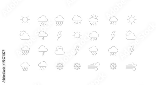 A collection of twenty weather icons depicting various conditions, including sun, clouds, rain, and lightning, presented in a grid layout on a clean background from a straightforward viewpoint.
