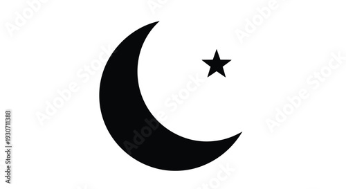 Crescent moon and star symbol on white background representing islamic or celestial iconography