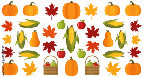 A vibrant autumnal arrangement of pumpkins, leaves, fruits, and baskets, displayed in a grid pattern on a clean background from a direct viewpoint.