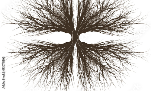 Abstract symmetrical pattern of intricate tree branches and roots creating a unique natural design with eye-like voids symbolizing nature's connection and growth.