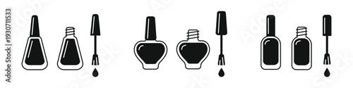 Set of nail polish bottle with brush solid icons. Beauty and cosmetic symbols with editable stroke, isolated on transparent background, suitable for manicure, nail salon branding, beauty apps