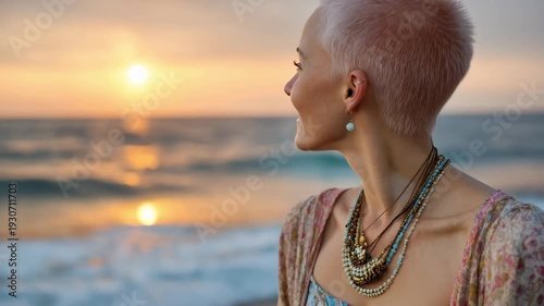A young woman with short hair smiles brightly while sitting on the beach. The sun sets over the ocean, creating a warm glow and serene atmosphere around her.