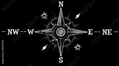 A white, grunge-style compass rose on a black background, oriented with cardinal and intercardinal directions