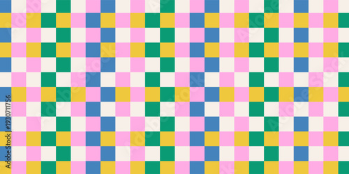 Set of abstract seamless colorful checkered multi-colored pattern and confetti, polka dots on a light background, hand drawn illustration