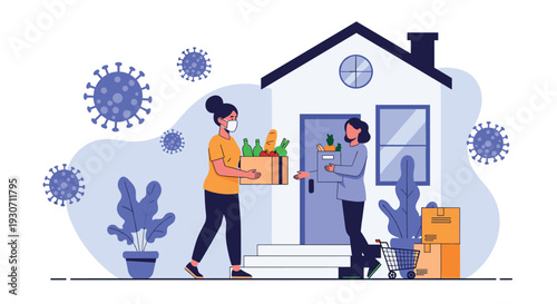 Delivery person in a mask bringing groceries and food boxes to a woman at her house during a global pandemic.