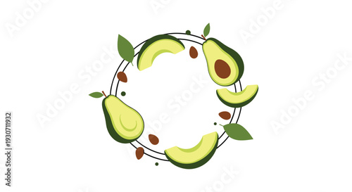 Healthy wreath design made of whole avocados, slices, and pits arranged in a circle on a plain white background.
