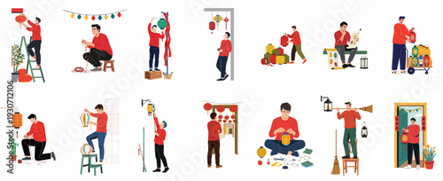 Men preparing traditional Chinese New Year and Lantern Festival decorations, hanging colorful lanterns, and stringing festive lights for cultural celebration scenes.