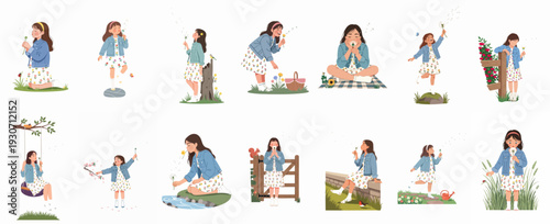 Cheerful girl's outdoor spring adventures: blowing dandelions, exploring nature, and enjoying simple joys in various garden settings.