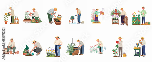 Elderly men enjoying various gardening activities, cultivating flowers, vegetables, and herbs in their vibrant home gardens.