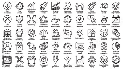 Business Strategy KPI and Corporate Performance Management Icon Set for Enterprise App UI Dashboard