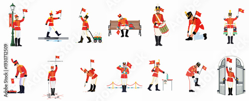 Illustrative collection of a toy soldier or guardsman in red uniform, performing various parade, ceremonial, and daily tasks, holding a flag, isolated on white.