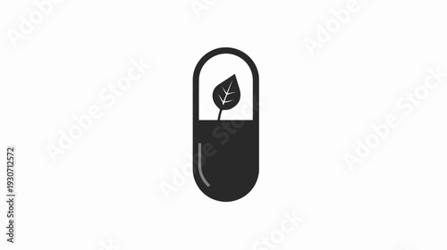 Black pill graphic with a leaf inside. Depicts natural medicine or healthcare