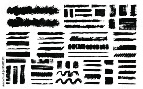 Big collection of black paint, ink brush strokes, brushes, lines, grungy. Dirty artistic design elements, boxes, frames.Freehand grunge brush illustration.Isolated on white background.
