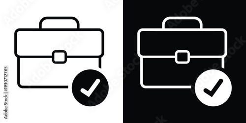 Bold briefcase icon with a checkmark symbol. Represents completed business tasks, project success, approved work, and job completion. Modern black and white flat vector.
