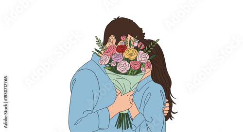 Illustration of a loving couple embracing and hiding their faces behind a large colorful bouquet of flowers.
