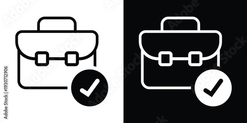 Bold briefcase icon with a checkmark symbol. Represents completed business tasks, project success, approved work, and job completion. Modern black and white flat vector.