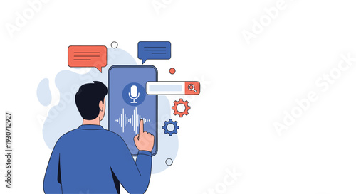 Male character using voice search technology on a mobile phone with audio waves and search bar icons for modern digital communication.