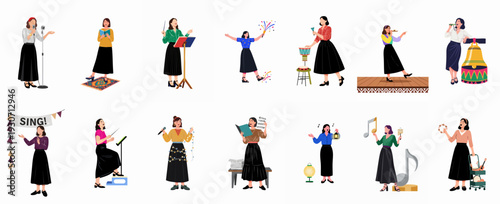 Diverse women celebrating music through singing, playing instruments, and conducting, illustrating various aspects of musical performance and talent.