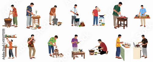 Men preparing diverse traditional dishes using various cooking techniques, from chopping ingredients and grinding spices to stewing and serving.