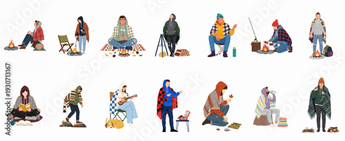 Cozy Fall and Winter Outdoor Activities: People Enjoying Campfires, Reading, Music, and Nature with Warm Blankets, an illustrated collection.