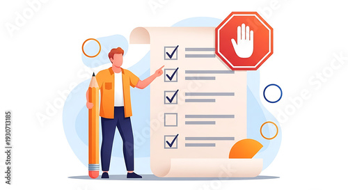 Man pointing checklist with stop sign, caution concept, business and compliance
