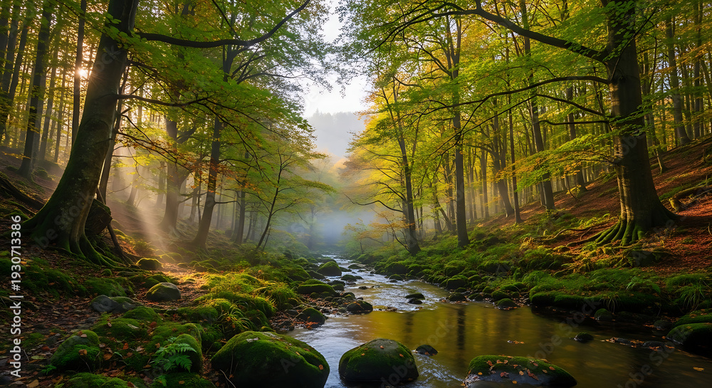 Obraz premium A serene forest stream flows gently through a misty forest with lush greenery and vibrant foliage in the morning light from a low angle