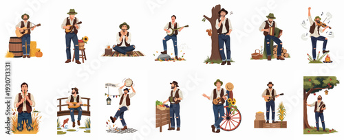 Flat illustration set of men celebrating rural life, music, and harvest season with various musical instruments