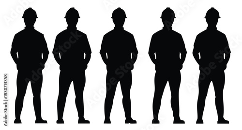 five black silhouette figures wearing hard hats stand