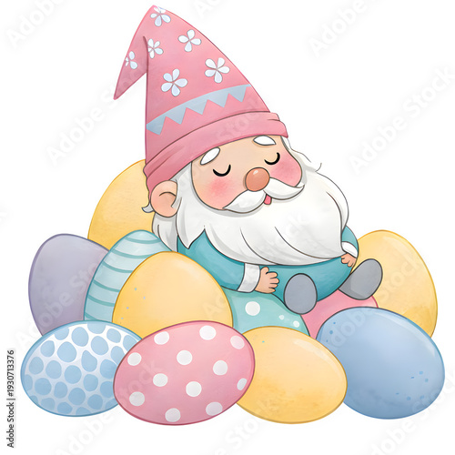 Peaceful easter gnome sleeping on pile of pastel colored eggs for springtime celebration