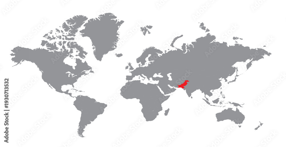 Obraz premium map of pakistan highlighted in red color on grey world map