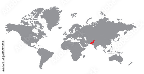 map of pakistan highlighted in red color on grey world map