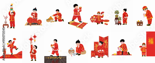 Joyful Chinese children celebrate Lunar New Year with traditional customs, red envelopes, firecrackers, and auspicious symbols, embodying prosperity and cultural festivities.