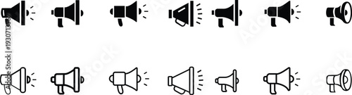Megaphone icons set. Electric megaphone symbol with sound. Loudspeaker megaphone icon collection. Advertising concept. Flat and line style - stock. isolated on transparent background