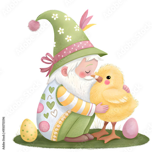 Gnome hugging chick with easter eggs celebrating spring holiday joy