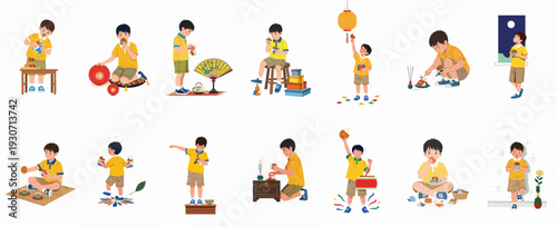A young boy's joyful celebration of the Mid-Autumn Festival, engaging in diverse traditional activities like eating mooncakes, lighting lanterns, and making offerings.