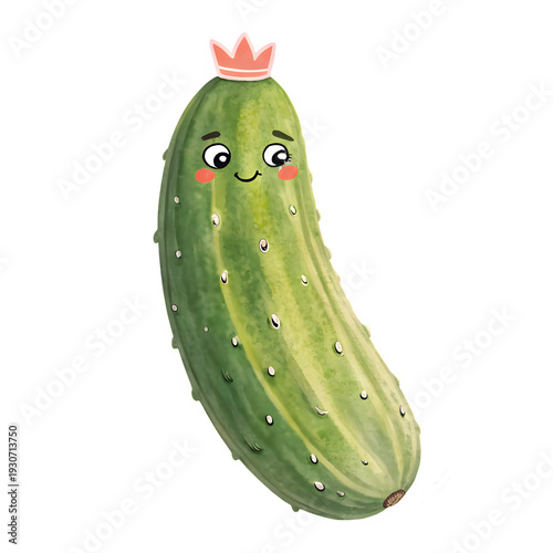 Royal cucumber princess character wearing small pink crown with cute face and sparkling white spots