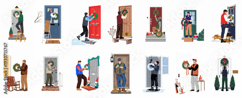 Men decorating front doors with festive wreaths and holiday adornments for Christmas and winter, engaging in seasonal home decoration activities.