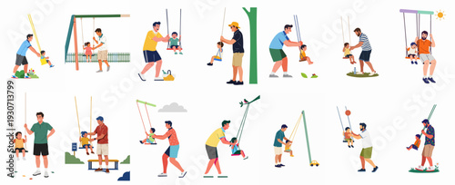 Vector illustrations of fathers swinging their kids, creating happy childhood memories in diverse outdoor settings and parks.