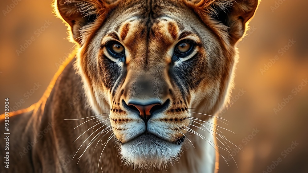 Fototapeta lioness. Lioness with a focused gaze, surrounded by savanna ambiance and golden light. wildlife magazines, conservation campaigns, designed for eco-tourism storytelling.