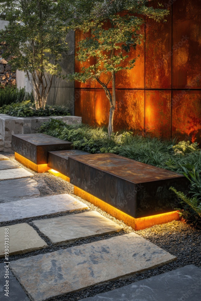 Obraz premium As the evening light casts a warm glow, it beautifully accentuates a contemporary garden design featuring elegant stone pathways and stylish metal benches set within a tranquil private outdoor space