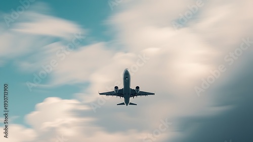 airline. An airplane climbs into a cloudy sky, its motion blurred against a vast expanse of negative space. mobility guides, transit brochures, designed for mobility and urban transit guides.