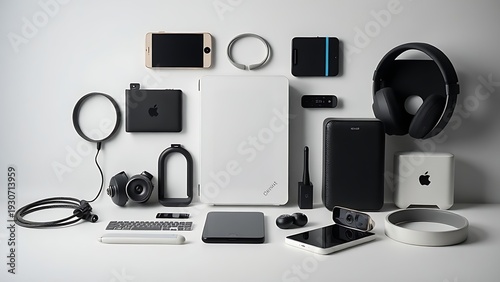 setup. Aesthetically arranged modern technology accessories in a clean and minimal product showcase. product launch decks.