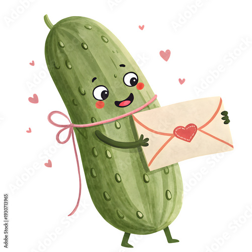 Cute cartoon cucumber character tied with pink ribbon holding an envelope with heart stamp