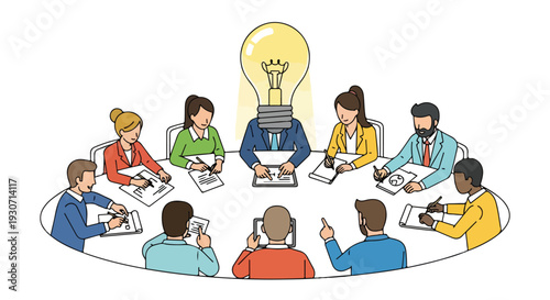 A diverse group of people sitting around a table with a lightbulb above them, symbolizing creativity and innovation on a day of collaboration and idea generation.