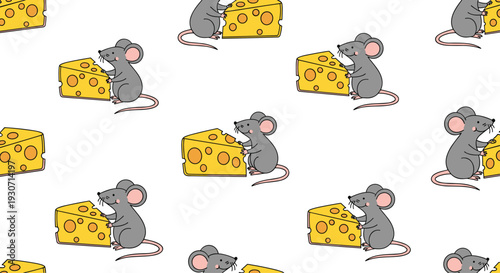 Fun seamless pattern of cute gray mice interacting with large wedges of yellow swiss cheese on a clean white background.